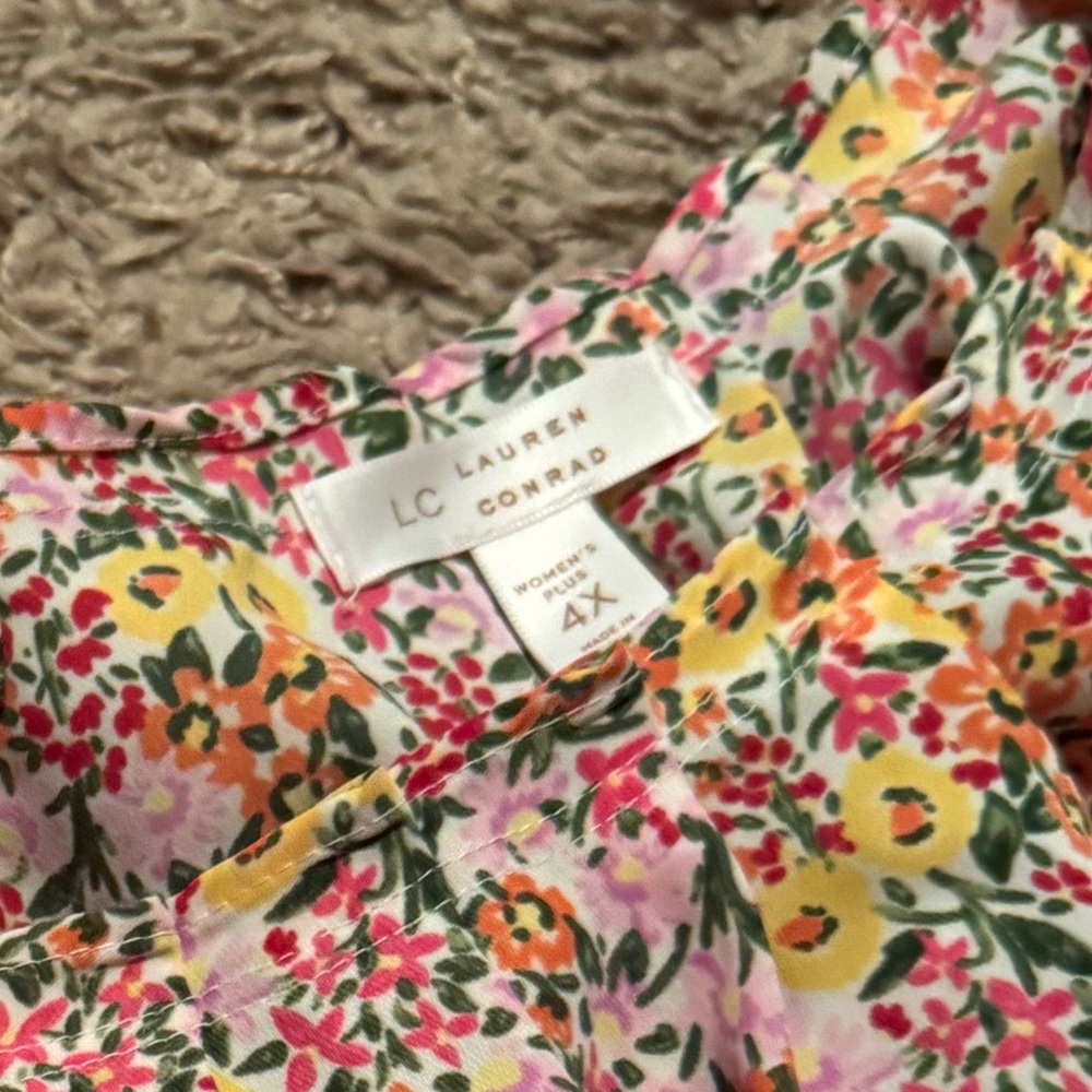 LC Lauren Conrad Sz 4X Floral Blouse - Pink and Yellow w/ pleat front, tie back - Picture 2 of 7